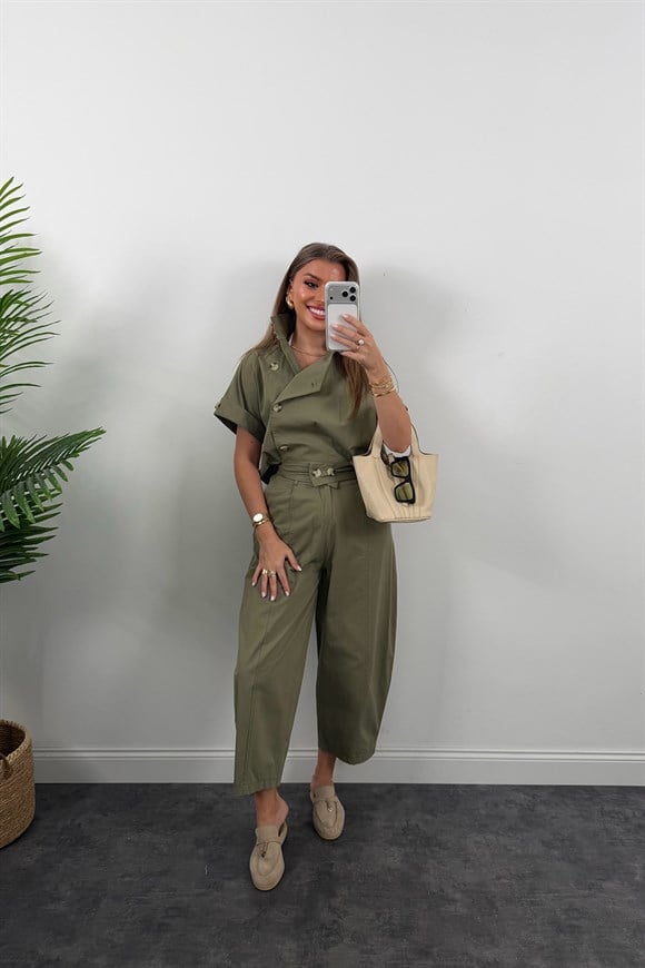 Premium Seri Dik Yaka Yelek Pantolon Harem Takım Haki