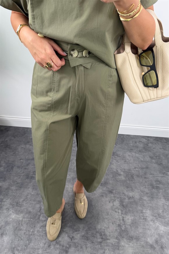 Premium Seri Dik Yaka Yelek Pantolon Harem Takım Haki