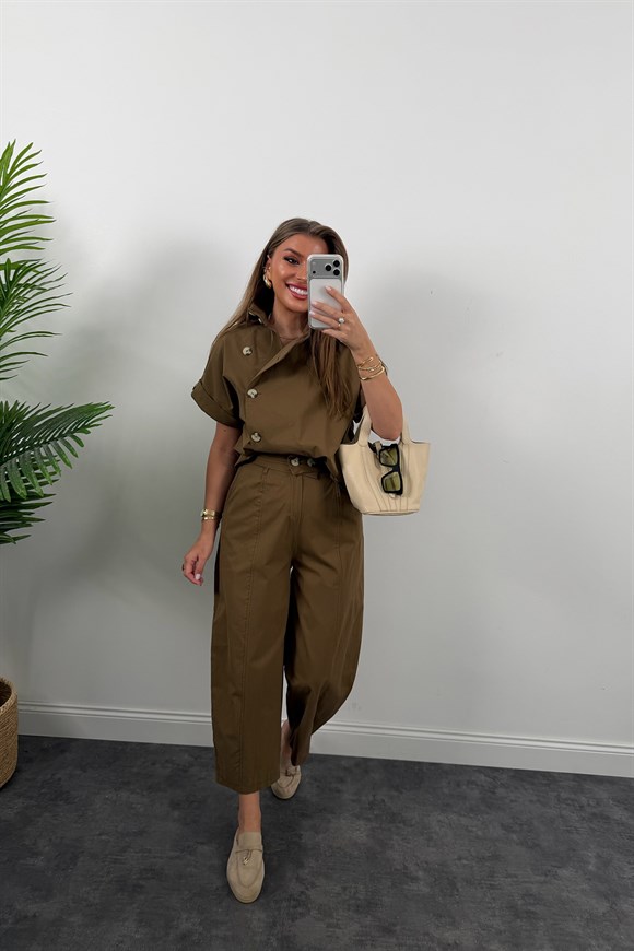 Premium Seri Dik Yaka Yelek Pantolon Harem Takım Bakır Kahve