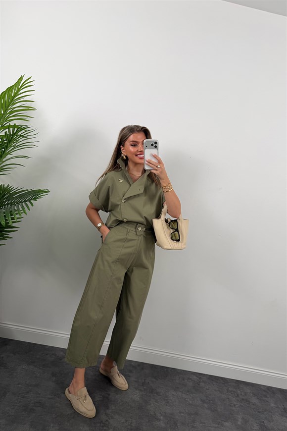 Premium Seri Dik Yaka Yelek Pantolon Harem Takım Haki