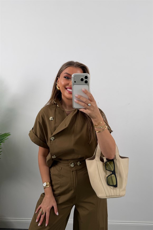 Premium Seri Dik Yaka Yelek Pantolon Harem Takım Bakır Kahve