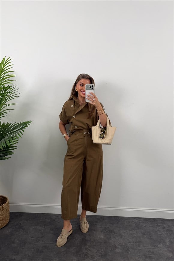 Premium Seri Dik Yaka Yelek Pantolon Harem Takım Bakır Kahve