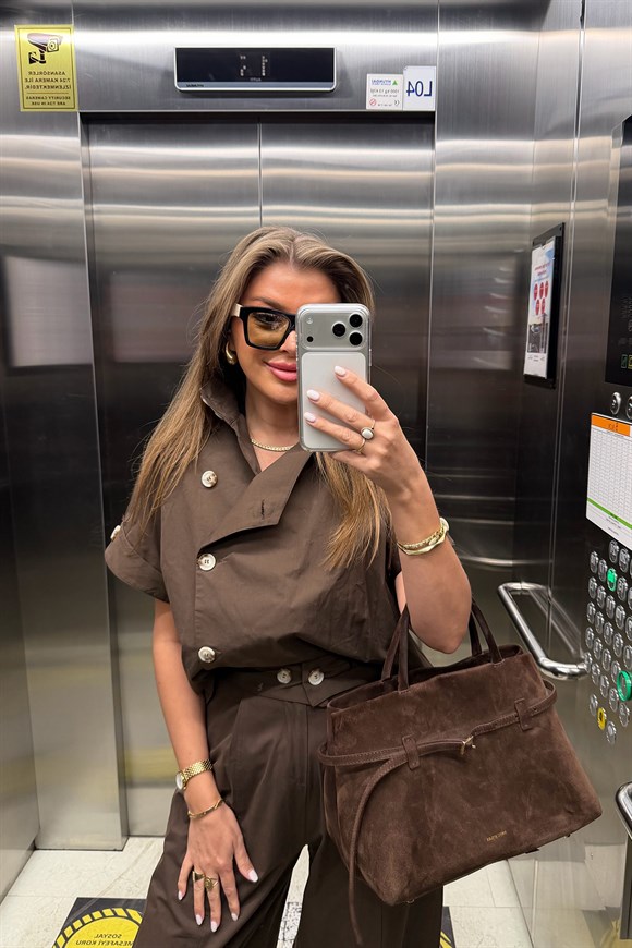 Premium Seri Dik Yaka Yelek Pantolon Harem Takım Acı Kahve