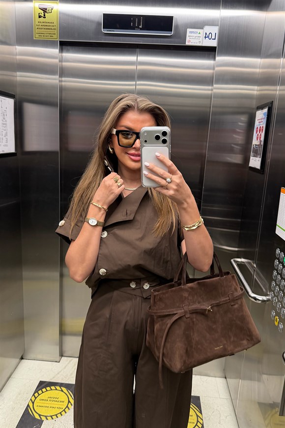 Premium Seri Dik Yaka Yelek Pantolon Harem Takım Acı Kahve