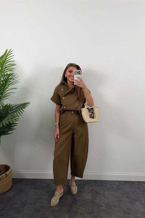 Premium Seri Dik Yaka Yelek Pantolon Harem Takım Bakır Kahve