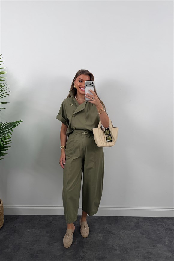 Premium Seri Dik Yaka Yelek Pantolon Harem Takım Haki