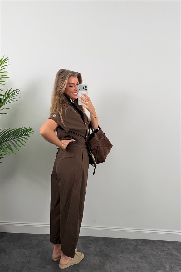 Premium Seri Dik Yaka Yelek Pantolon Harem Takım Acı Kahve