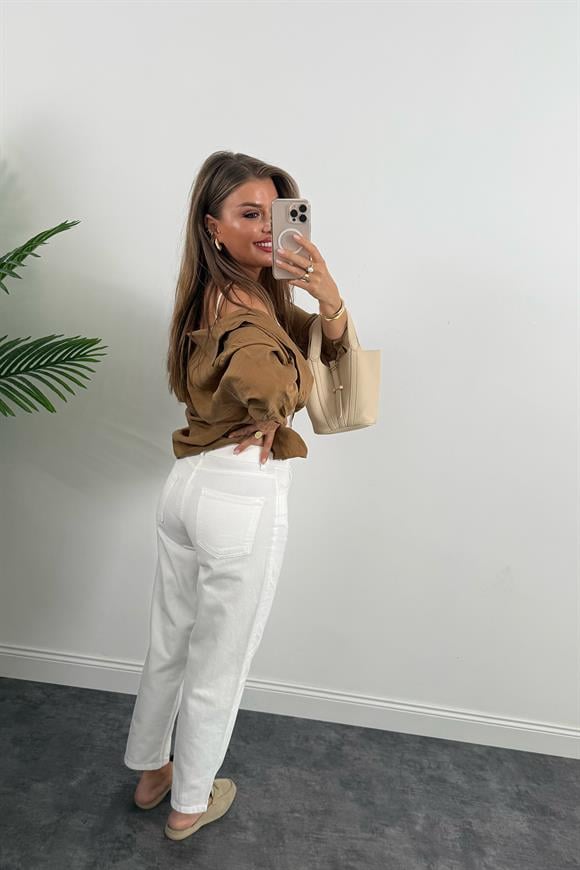 Premium Seri Dizleri Dikiş Detaylı Mom Jean Beyaz