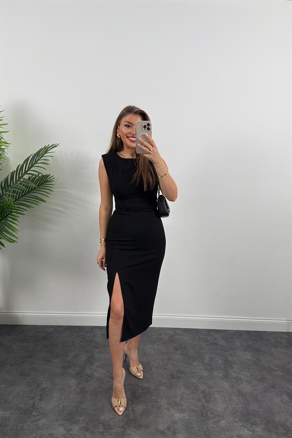 Premium Seri Dokuma Kumaş Yırtmaçlı Drapeli Vatkalı Kalem Elbise Siyah