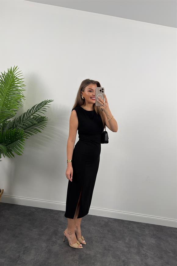 Premium Seri Dokuma Kumaş Yırtmaçlı Drapeli Vatkalı Kalem Elbise Siyah
