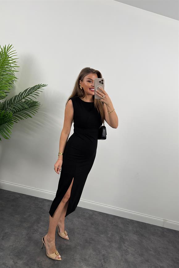 Premium Seri Dokuma Kumaş Yırtmaçlı Drapeli Vatkalı Kalem Elbise Siyah