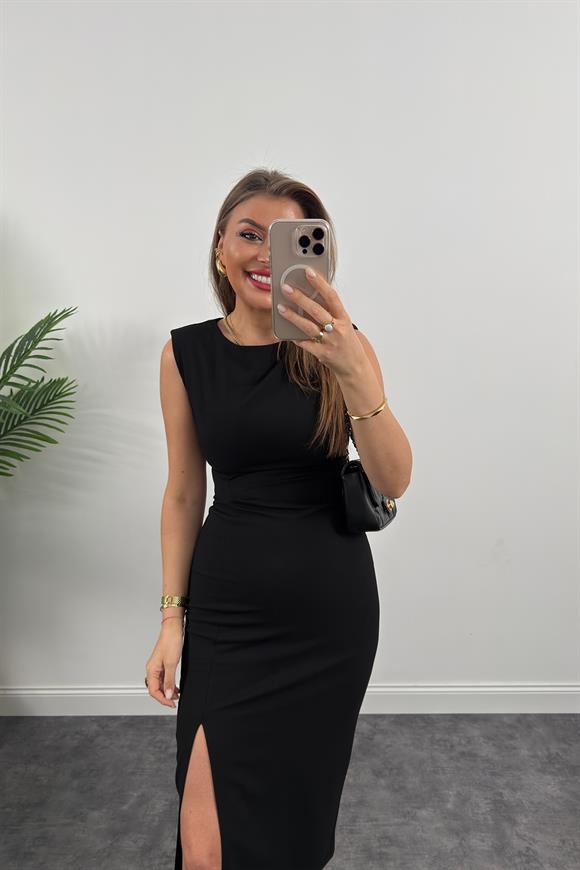 Premium Seri Dokuma Kumaş Yırtmaçlı Drapeli Vatkalı Kalem Elbise Siyah