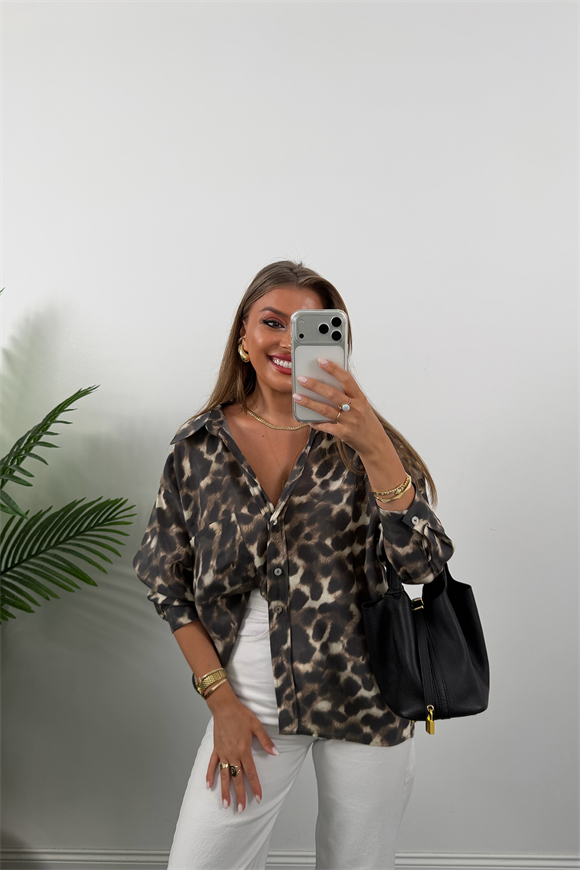 Premium Seri Dökümlü Kumaş Tensel Leopar Gömlek