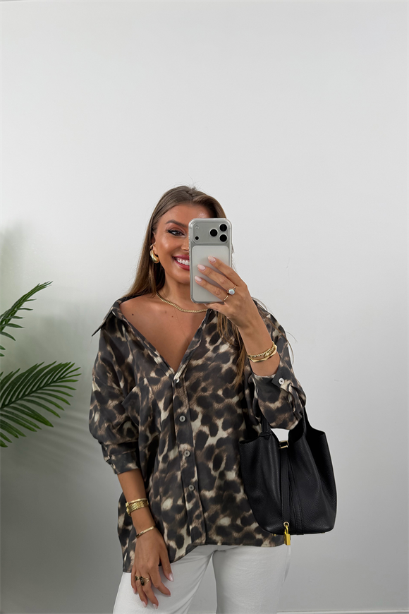 Premium Seri Dökümlü Kumaş Tensel Leopar Gömlek