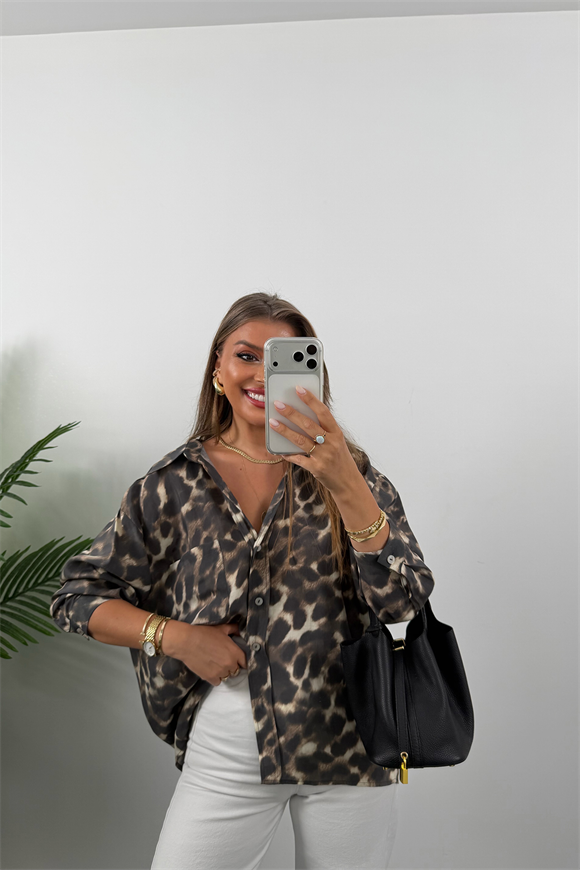 Premium Seri Dökümlü Kumaş Tensel Leopar Gömlek