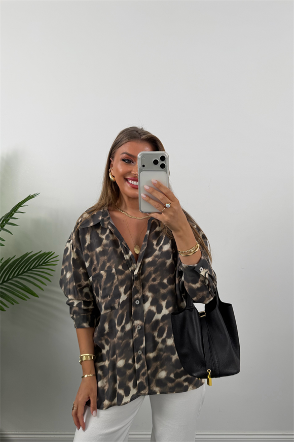 Premium Seri Dökümlü Kumaş Tensel Leopar Gömlek