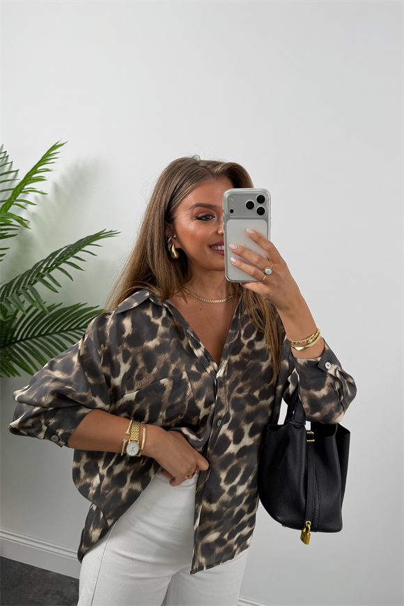 Premium Seri Dökümlü Kumaş Tensel Leopar Gömlek