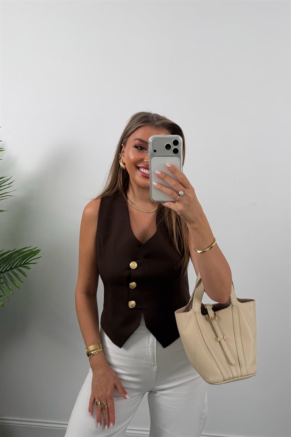 Premium Seri Double Atlas Kumaş 3 Gold Düğmeli Yelek Koyu Kahve