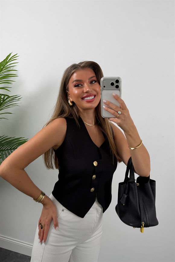 Premium Seri Double Atlas Kumaş 3 Gold Düğmeli Yelek Siyah