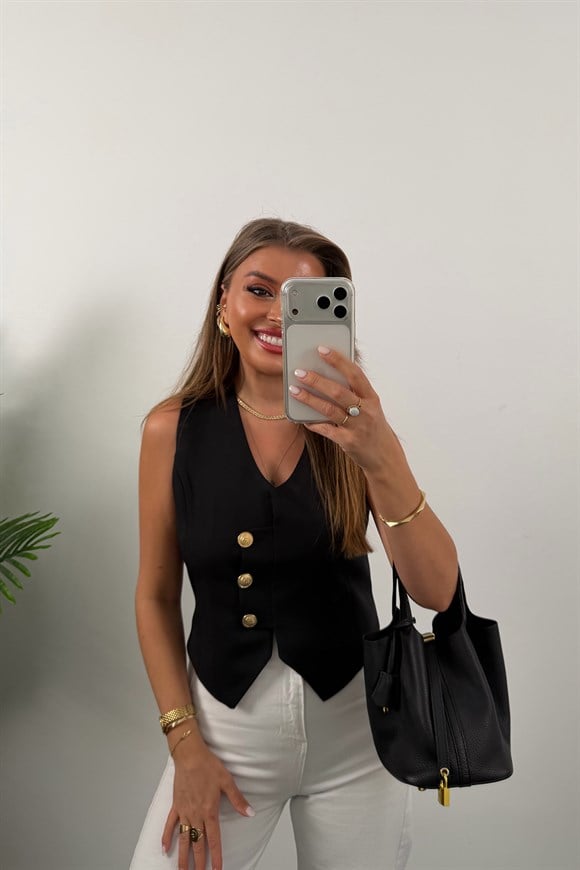 Premium Seri Double Atlas Kumaş 3 Gold Düğmeli Yelek Siyah