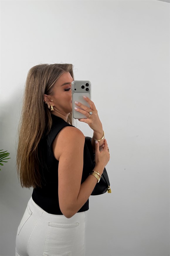 Premium Seri Double Atlas Kumaş 3 Gold Düğmeli Yelek Siyah