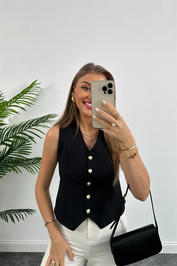 Premium Seri Double Atlas Kumaş Gold Düğmeli Astarlı Yelek Siyah 