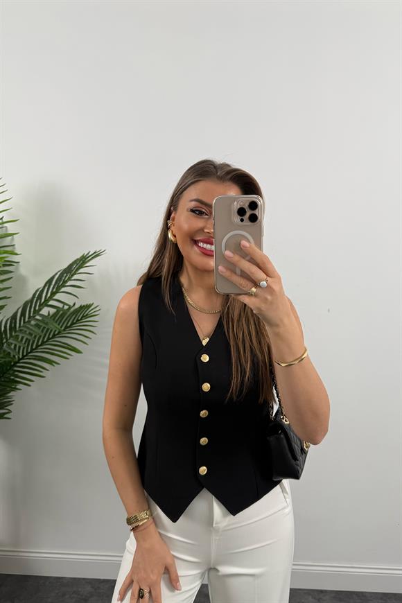 Premium Seri Double Atlas Kumaş Gold Düğmeli Astarlı Yelek Siyah 