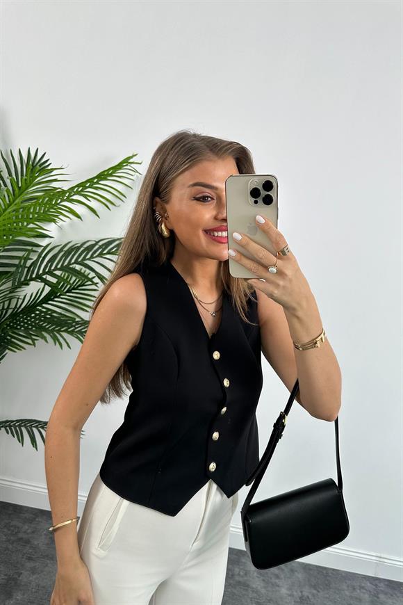 Premium Seri Double Atlas Kumaş Gold Düğmeli Astarlı Yelek Siyah 