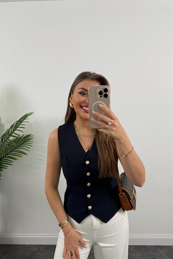 Premium Seri Double Atlas Kumaş Gold Düğmeli Astarlı Yelek Lacivert 