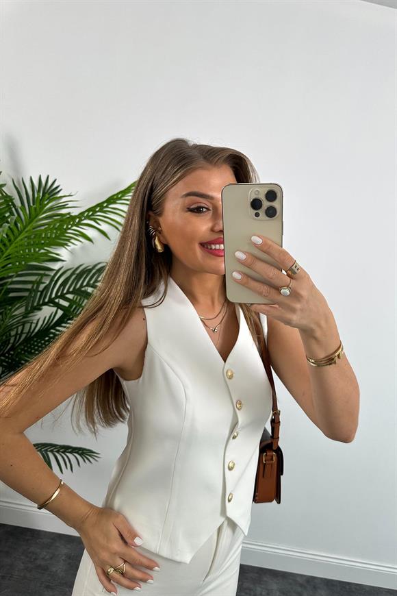 Premium Seri Double Atlas Kumaş Gold Düğmeli Astarlı Yelek Beyaz 