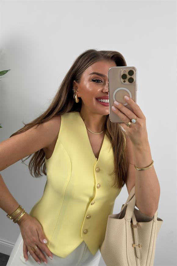 Premium Seri Double Atlas Kumaş Gold Düğmeli Astarlı Yelek Pastel Sarı