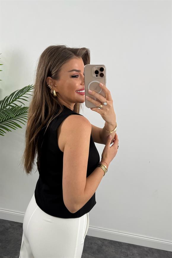 Premium Seri Double Atlas Kumaş Gold Düğmeli Astarlı Yelek Siyah 