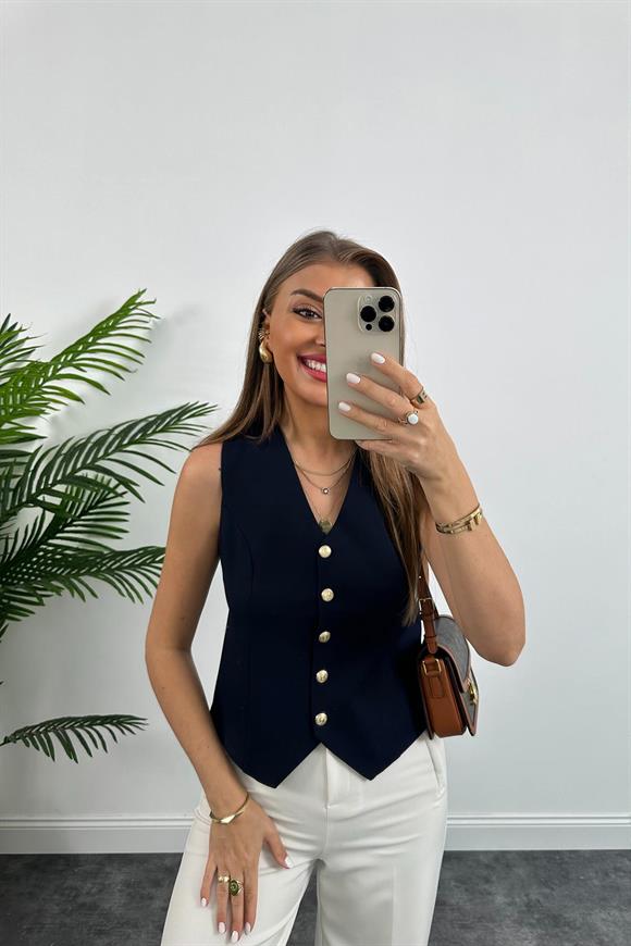 Premium Seri Double Atlas Kumaş Gold Düğmeli Astarlı Yelek Lacivert 