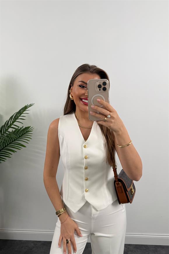 Premium Seri Double Atlas Kumaş Gold Düğmeli Astarlı Yelek Beyaz 