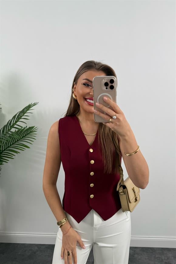 Premium Seri Double Atlas Kumaş Gold Düğmeli Astarlı Yelek Bordo
