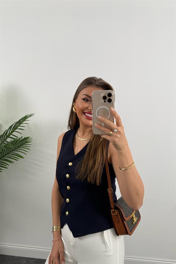 Premium Seri Double Atlas Kumaş Gold Düğmeli Astarlı Yelek Lacivert 