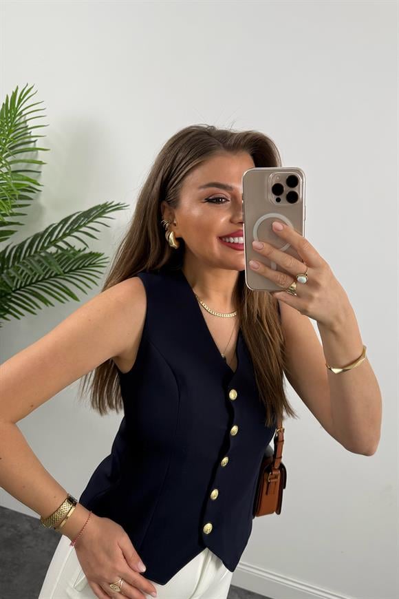 Premium Seri Double Atlas Kumaş Gold Düğmeli Astarlı Yelek Lacivert 