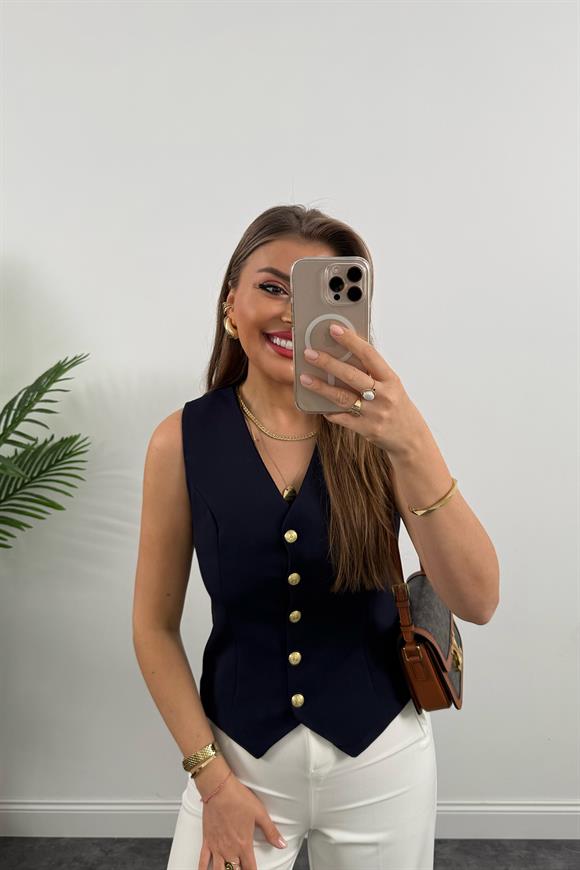 Premium Seri Double Atlas Kumaş Gold Düğmeli Astarlı Yelek Lacivert 