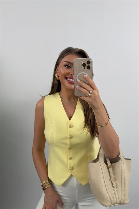 Premium Seri Double Atlas Kumaş Gold Düğmeli Astarlı Yelek Pastel Sarı