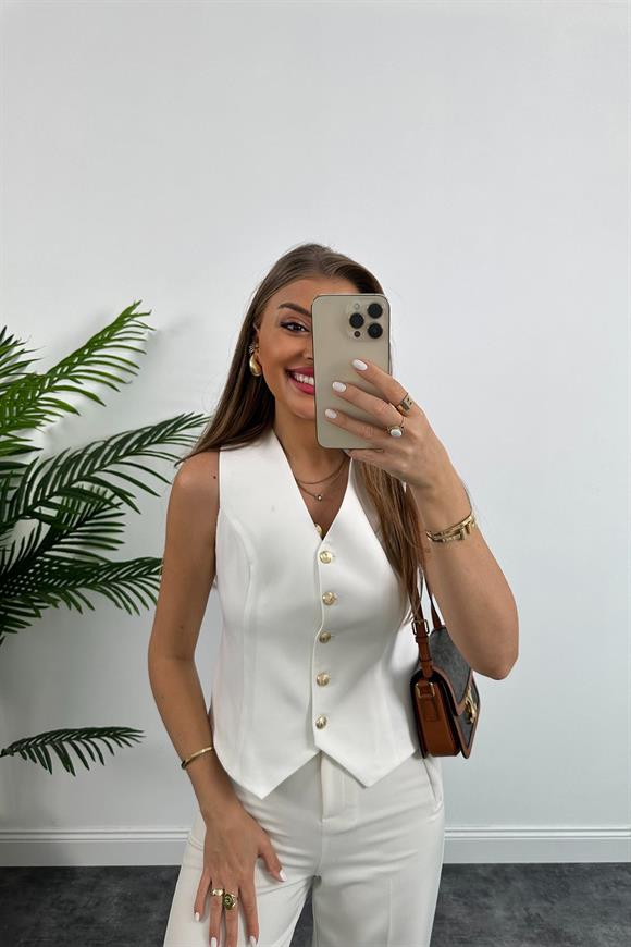 Premium Seri Double Atlas Kumaş Gold Düğmeli Astarlı Yelek Beyaz 