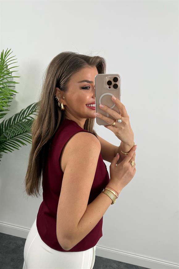 Premium Seri Double Atlas Kumaş Gold Düğmeli Astarlı Yelek Bordo