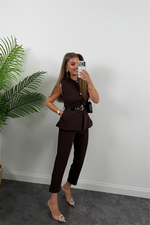 Premium Seri Double Atlas Kumaş Kemerli Yelek Pantolon Takım Kahverengi 