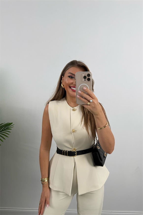 Premium Seri Double Atlas Kumaş Kemerli Yelek Pantolon Takım Taş 