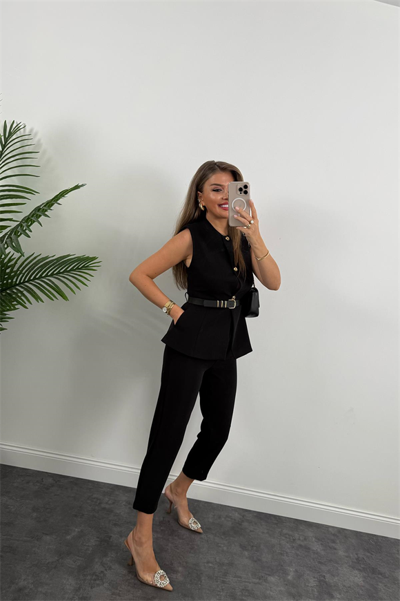 Premium Seri Double Atlas Kumaş Kemerli Yelek Pantolon Takım Siyah 