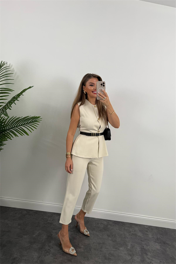 Premium Seri Double Atlas Kumaş Kemerli Yelek Pantolon Takım Taş 