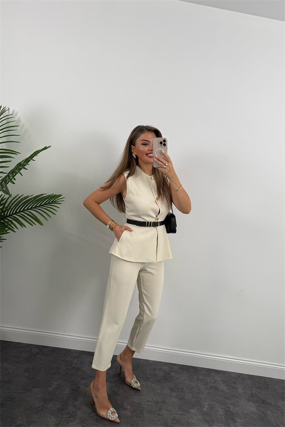 Premium Seri Double Atlas Kumaş Kemerli Yelek Pantolon Takım Taş 