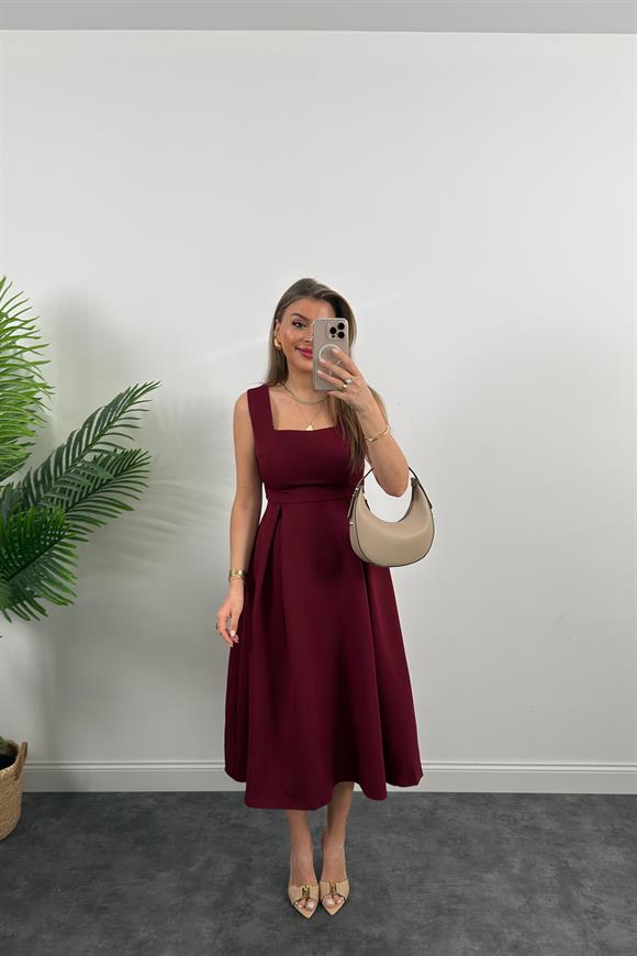Premium Seri Double Atlas Kumaş Midi Boy Kloş Elbise Bordo