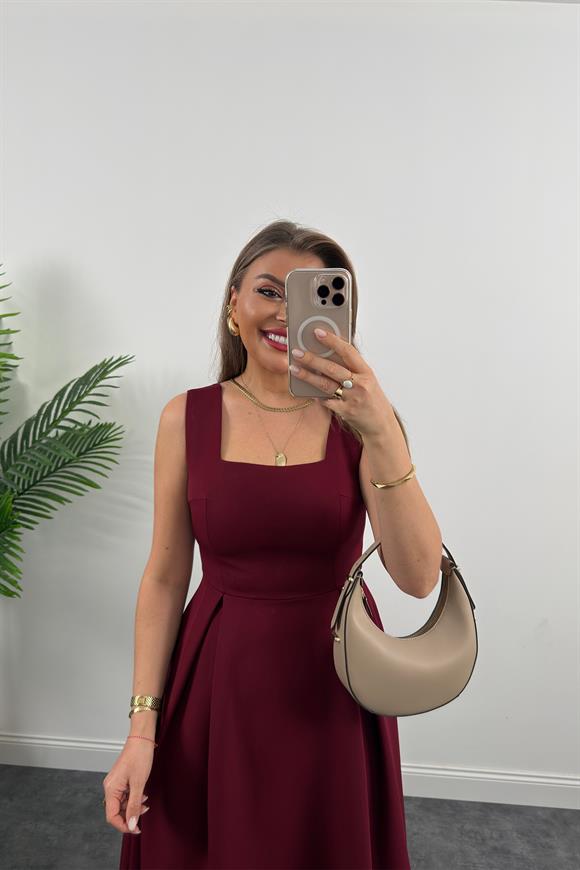 Premium Seri Double Atlas Kumaş Midi Boy Kloş Elbise Bordo