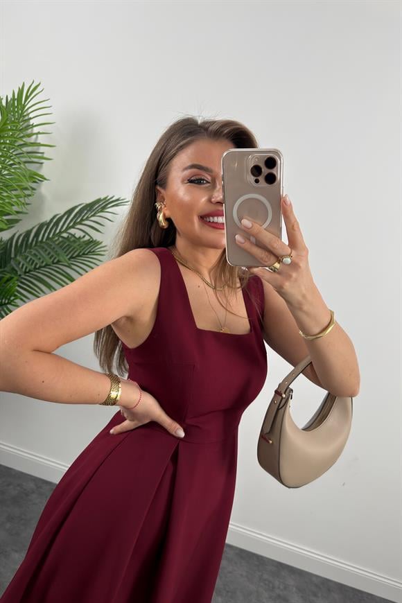 Premium Seri Double Atlas Kumaş Midi Boy Kloş Elbise Bordo