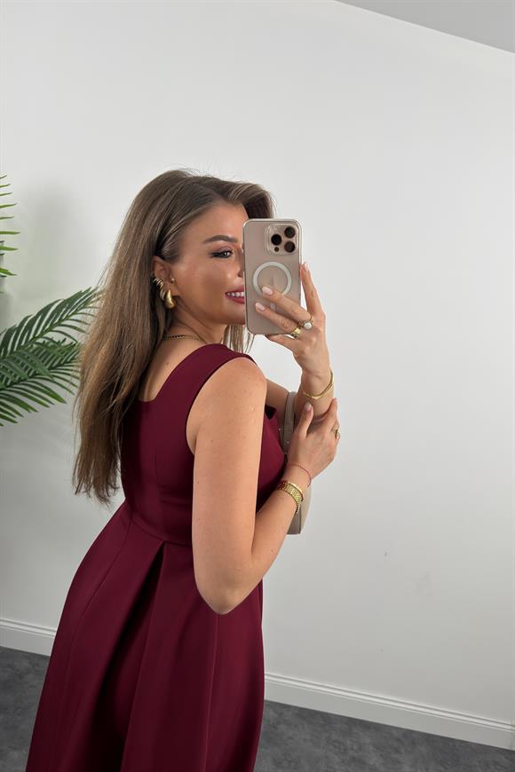 Premium Seri Double Atlas Kumaş Midi Boy Kloş Elbise Bordo
